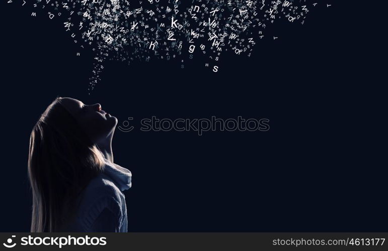 Girl making sound. Side view of girl of school age and voice coming out of her mouth