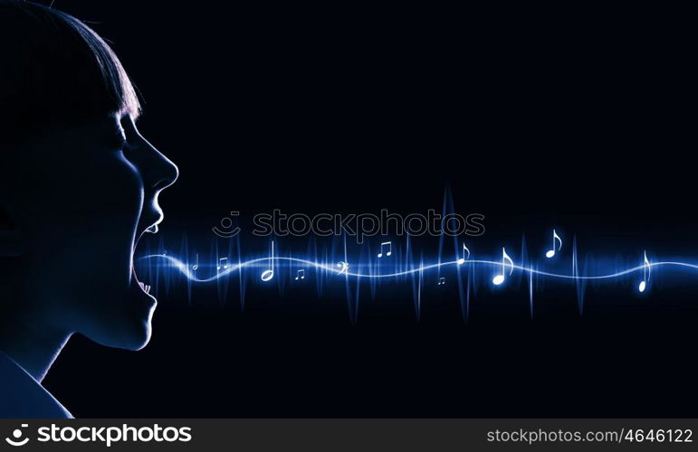 Girl making sound. Side view of girl of school age and voice coming out of her mouth