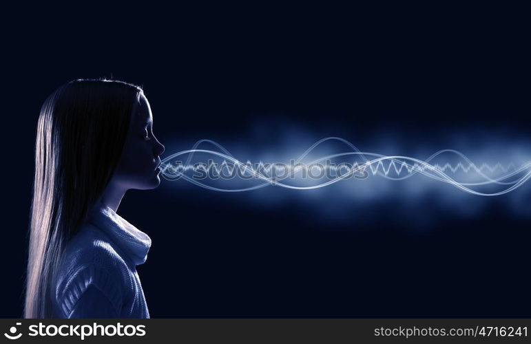 Girl making sound. Side view of girl of school age and voice coming out of her mouth