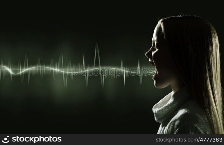 Girl making sound. Side view of girl of school age and voice coming out of her mouth