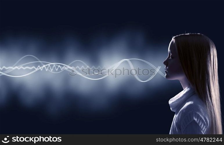Girl making sound. Side view of girl of school age and voice coming out of her mouth