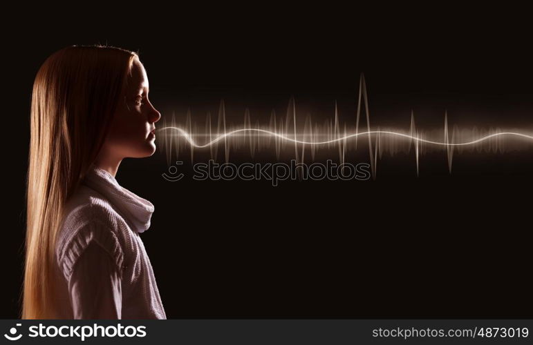 Girl making sound. Side view of girl of school age and voice coming out of her mouth