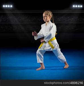 Girl martial arts fighter in sports hall
