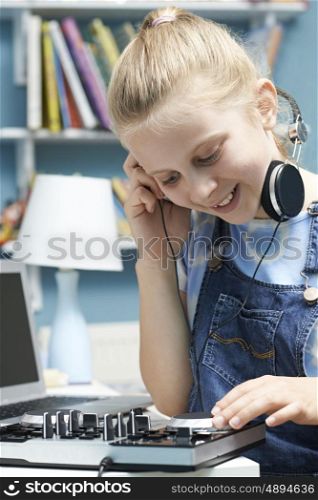 Girl Mixing Music In Bedroom On Decks