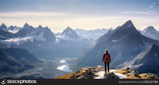 Girl mountaineer overlooking the high peaks and deep valley
