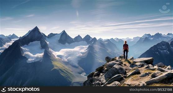 Girl mountaineer overlooking the high peaks and deep valley