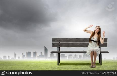 Girl on bench. Asian pretty scarred woman sitting on bench