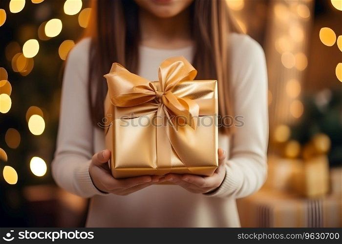 Girl or Boy with Gift on the background of Christmas tree and light of garlands. Generative Ai.
