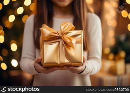 Girl or Boy with Gift on the background of Christmas tree and light of garlands. Generative Ai.