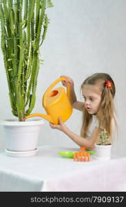 Girl playing in the gardener. Waters of a large cactus in the pot, standing next to a small cactus, a large lake, paddle