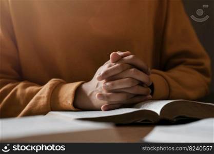 girl praying thanksgiving with holy scriptures God’s teachings based on faith and faith in God Religious concepts, beliefs, hopes, love