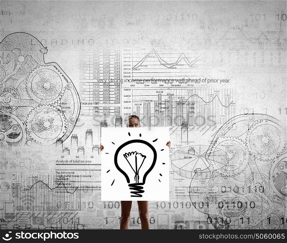 Girl presenting her idea. Young girl with white banner with idea bulb and sketches at background