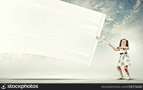 Girl pulling blank banner