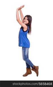 Girl raising hands to a empty space