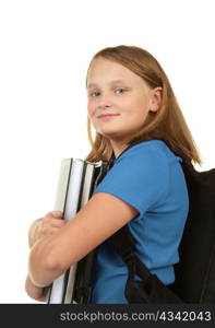 girl ready for school with books and laptop