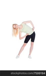 girl&rsquo;s exercise with bend to the right on white background