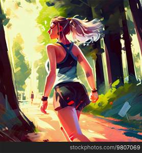 Girl runs in the park. sport concept. Illustration AI Generative