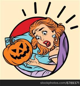 Girl scared Halloween evil pumpkin, pop art comic illustration