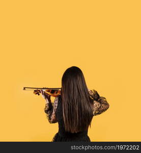 girl showing her back playing violin. High resolution photo. girl showing her back playing violin. High quality photo