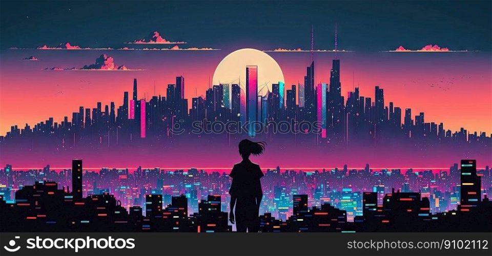 Girl silhouette in front of panoramic cityscape in cyberpunk futuristic style. Skyscrapers in neon. Generative AI.. Girl silhouette in front of panoramic cityscape in cyberpunk futuristic style. Skyscrapers in neon . Generative AI 