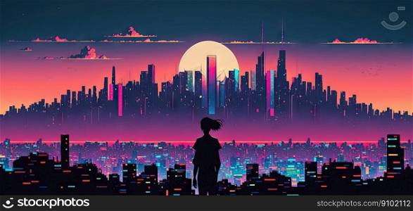 Girl silhouette in front of panoramic cityscape in cyberpunk futuristic style. Skyscrapers in neon. Generative AI.. Girl silhouette in front of panoramic cityscape in cyberpunk futuristic style. Skyscrapers in neon . Generative AI 