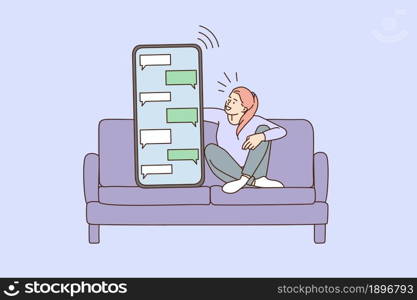 Girl sit on couch text message on huge smartphone gadget. Woman relax at sofa communicate online on cellphone on social media. Tiny people concept. Technology, communication. Vector illustration. . Girl on sofa text online on smartphone