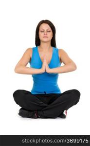 girl sitting in lotus position isolated on white