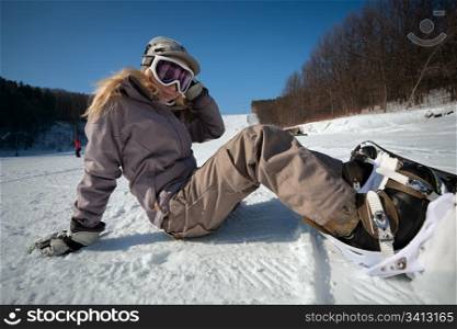 Girl snowborder, Belokurikha, winter resort.