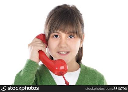 Girl speaking on the telephone a over white background
