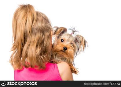 girl standing back and holding a Yorkshire Terrier