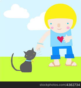 Girl standing besides a cat