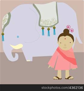 Girl standing besides an elephant