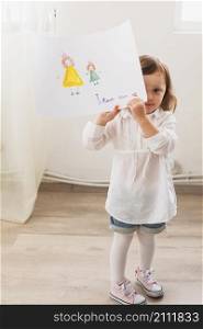 girl standing with drawing mother child