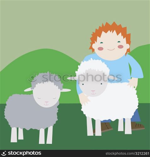 Girl standing with two sheep
