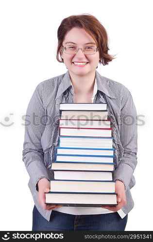 Girl student with books on white