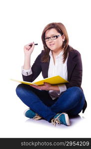 Girl student with books on white