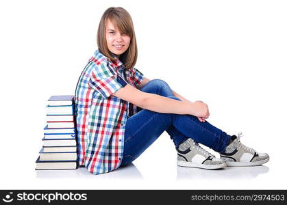 Girl student with books on white