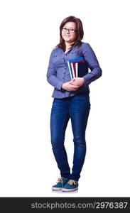 Girl student with books on white