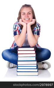 Girl student with books on white