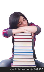 Girl student with books on white