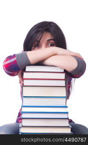 Girl student with books on white