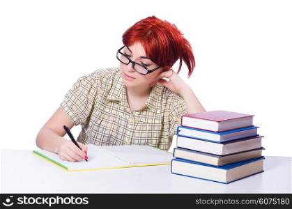 Girl student with books on white