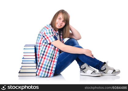 Girl student with books on white