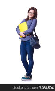 Girl student with books on white