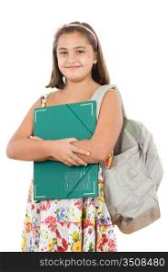 Girl student with folder and backpack on a white background