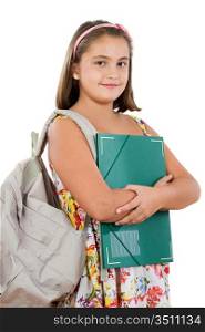 Girl student with folder and backpack on a white background