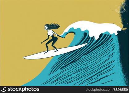 Girl surfer on the wave with surfboard, bright colors. Surfering colorful concept. Generative AI