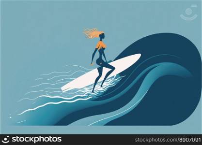 Girl surfer on the wave with surfboard, bright colors. Surfering colorful concept. Generative AI