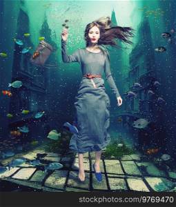 girl swims through the flooded city. Creative photo  mix.