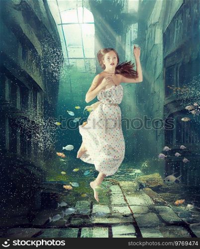 girl swims through the flooded city. Creative photo  mix.